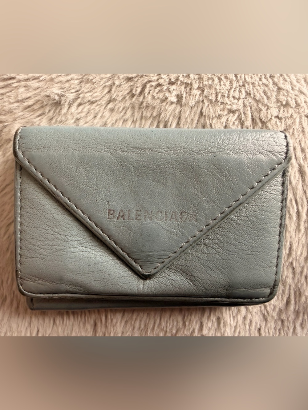 Authentic Balenciaga Light Blue Leather Paper Mini Trifold Wallet